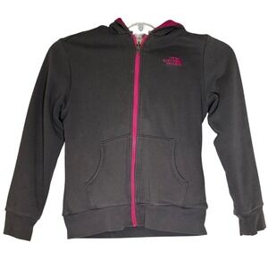 North Face Girls Hoodie Reversable Zip Up Cozy Fleece Gray/Pink Gorpcore Vacay